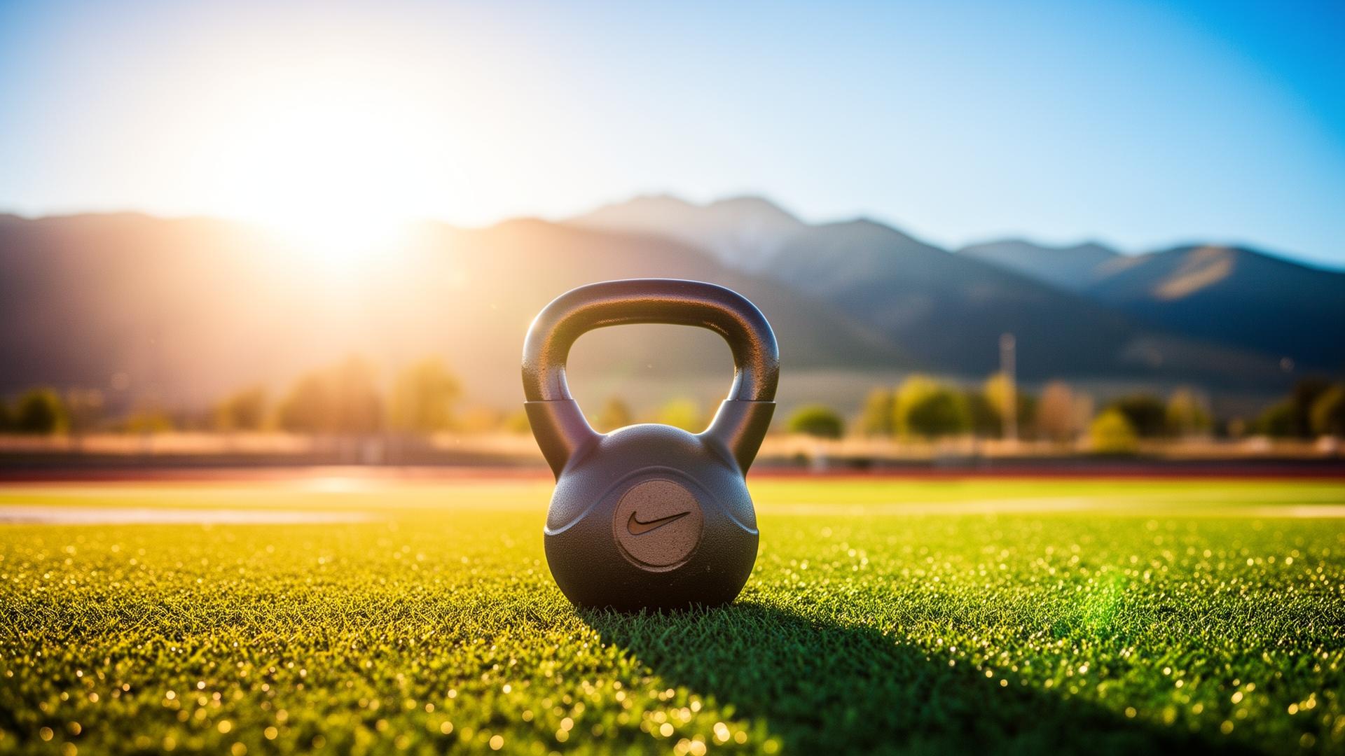 Kettlebell on a Park City turf field at sunrise
